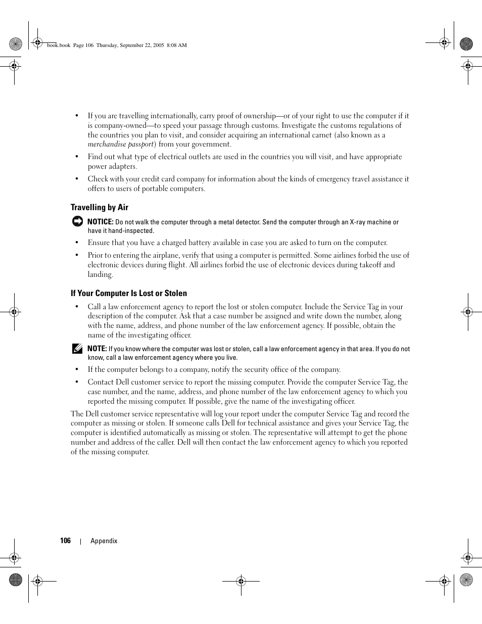 Travelling by air, If your computer is lost or stolen | Dell Inspiron B130 User Manual | Page 106 / 142