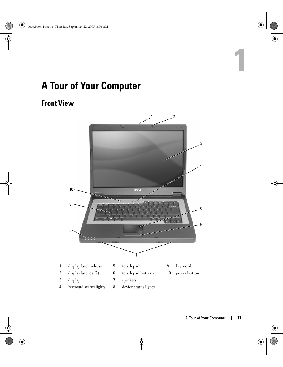 A tour of your computer, Front view | Dell Inspiron B130 User Manual | Page 11 / 142
