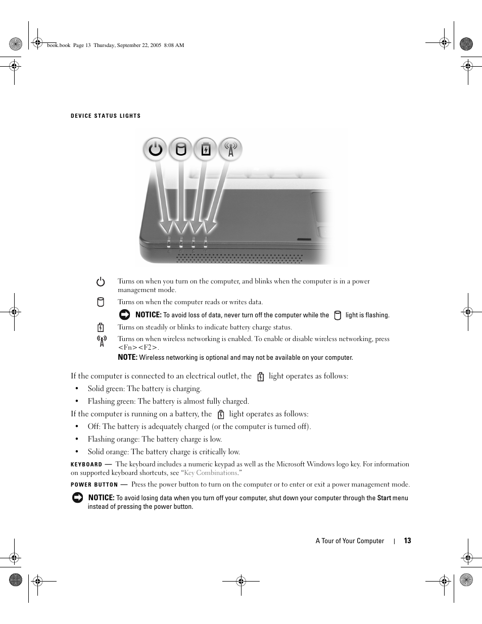 Keyboard, Power button, Device status lights | Dell Inspiron B130 User Manual | Page 13 / 142