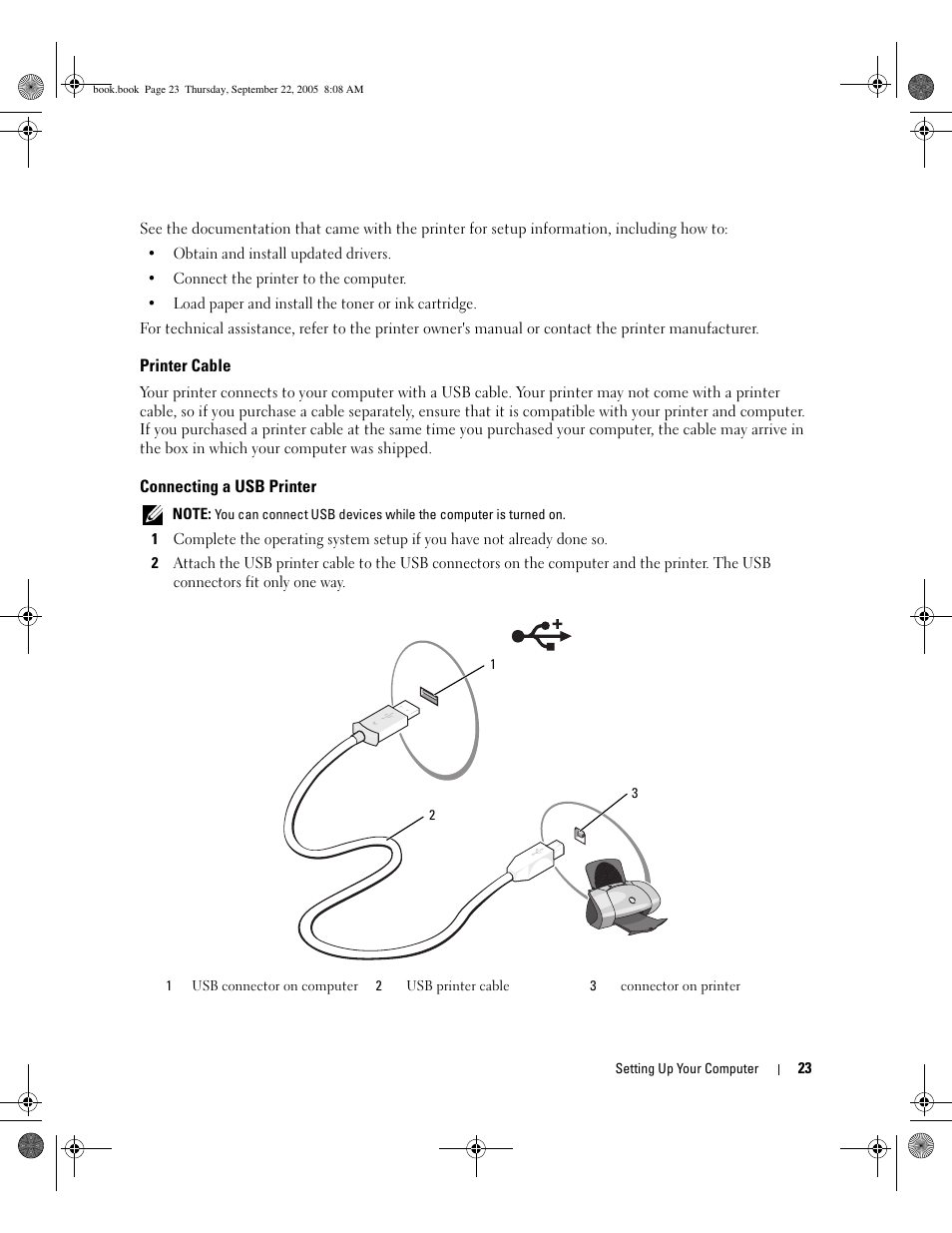 Printer cable, Connecting a usb printer | Dell Inspiron B130 User Manual | Page 23 / 142