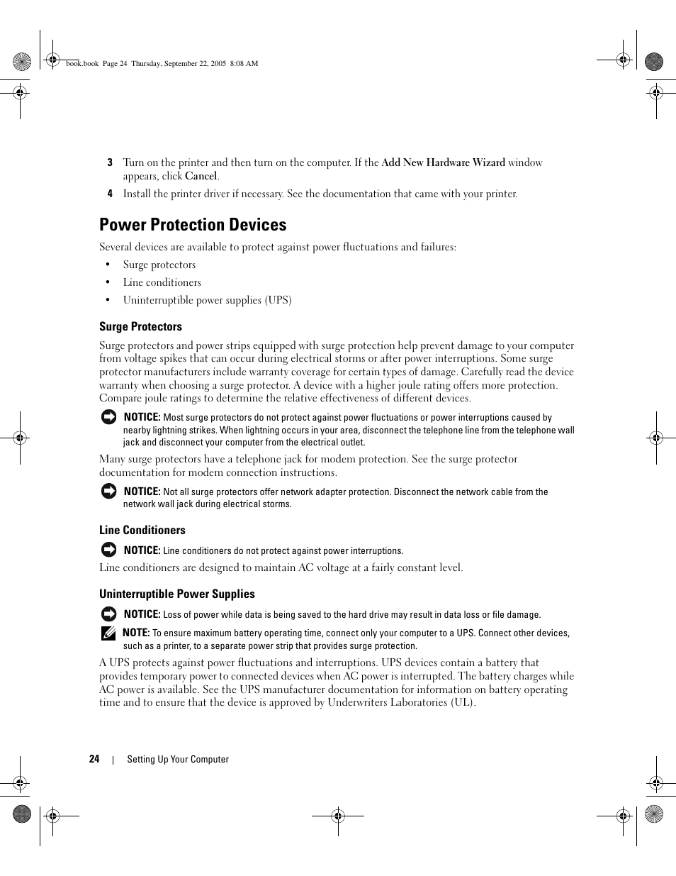 Power protection devices, Surge protectors, Line conditioners | Uninterruptible power supplies | Dell Inspiron B130 User Manual | Page 24 / 142
