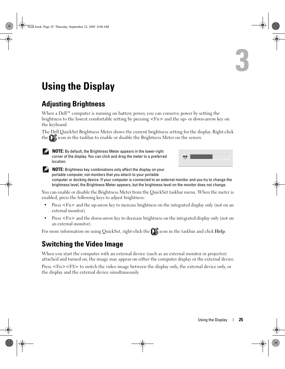 Using the display, Adjusting brightness, Switching the video image | Dell Inspiron B130 User Manual | Page 25 / 142