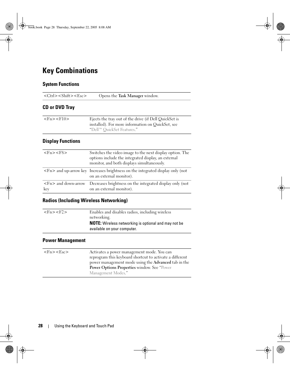 Key combinations, System functions, Cd or dvd tray | Display functions, Radios (including wireless networking), Power management | Dell Inspiron B130 User Manual | Page 28 / 142