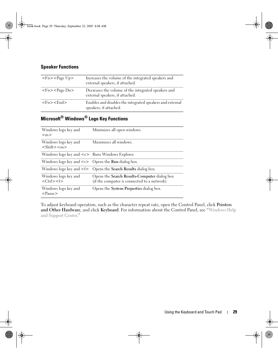 Speaker functions, Microsoft® windows® logo key functions, Microsoft | Information, see | Dell Inspiron B130 User Manual | Page 29 / 142