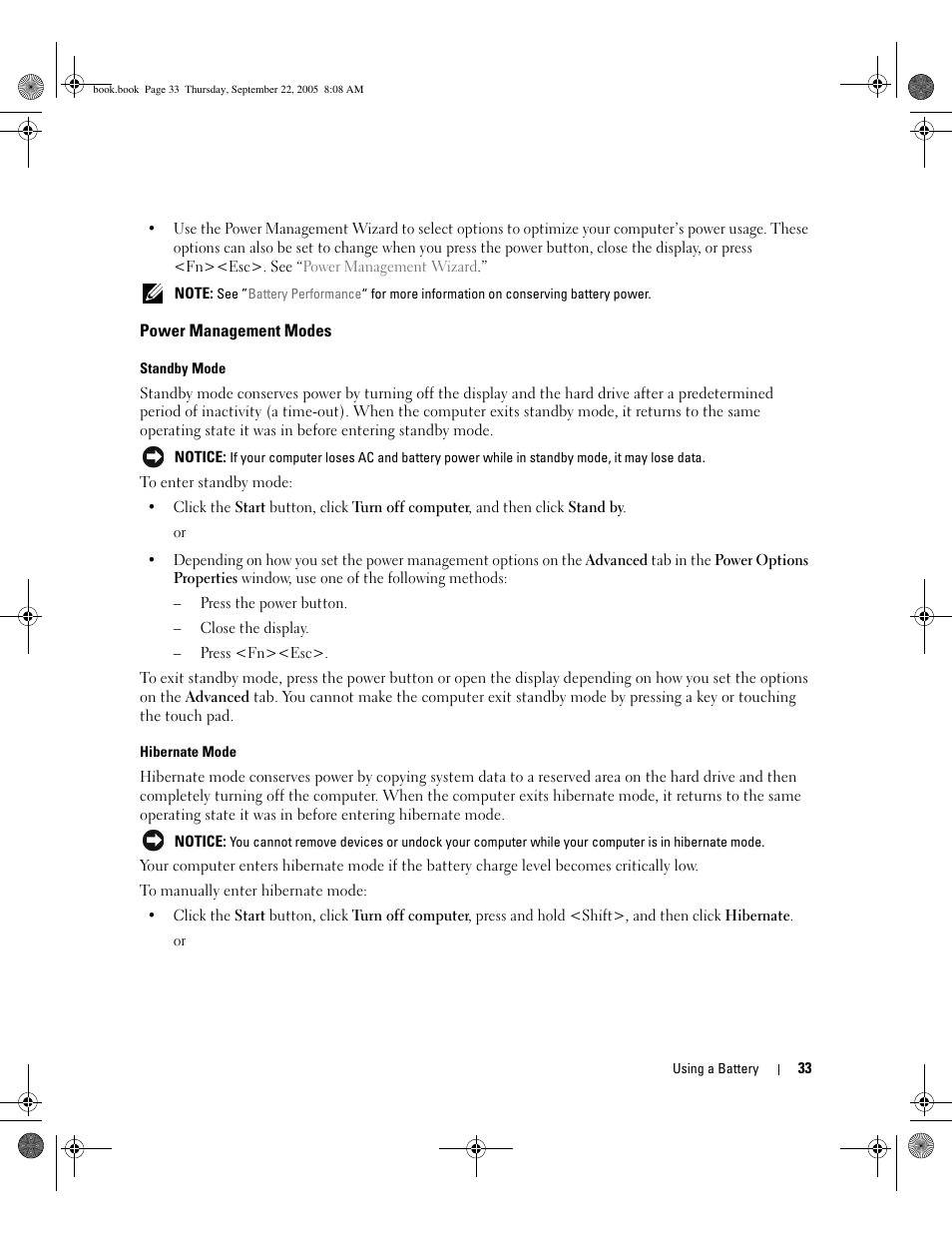 Power management modes, Power, Management modes | Dell Inspiron B130 User Manual | Page 33 / 142