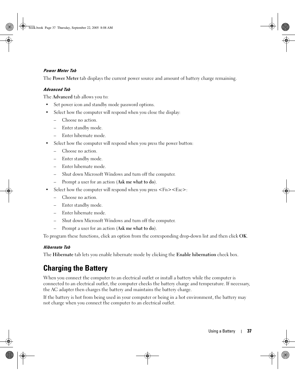 Charging the battery, Power management options on the advanced tab i, On the advanced tab. y | Dell Inspiron B130 User Manual | Page 37 / 142