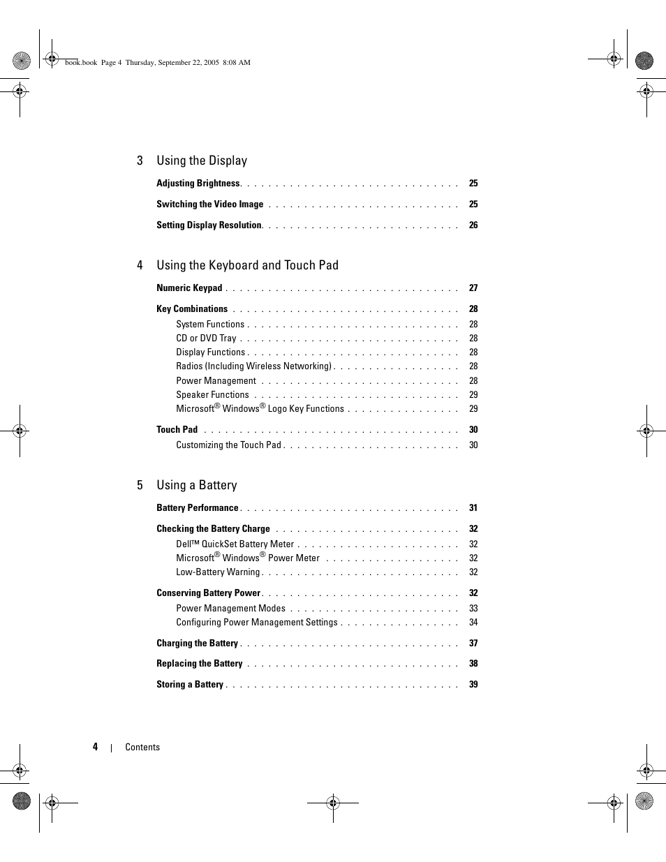 3using the display, 4using the keyboard and touch pad, 5using a battery | Dell Inspiron B130 User Manual | Page 4 / 142