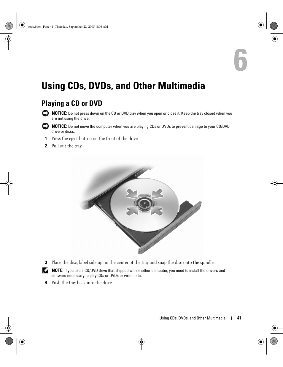 Using cds, dvds, and other multimedia, Playing a cd or dvd | Dell Inspiron B130 User Manual | Page 41 / 142