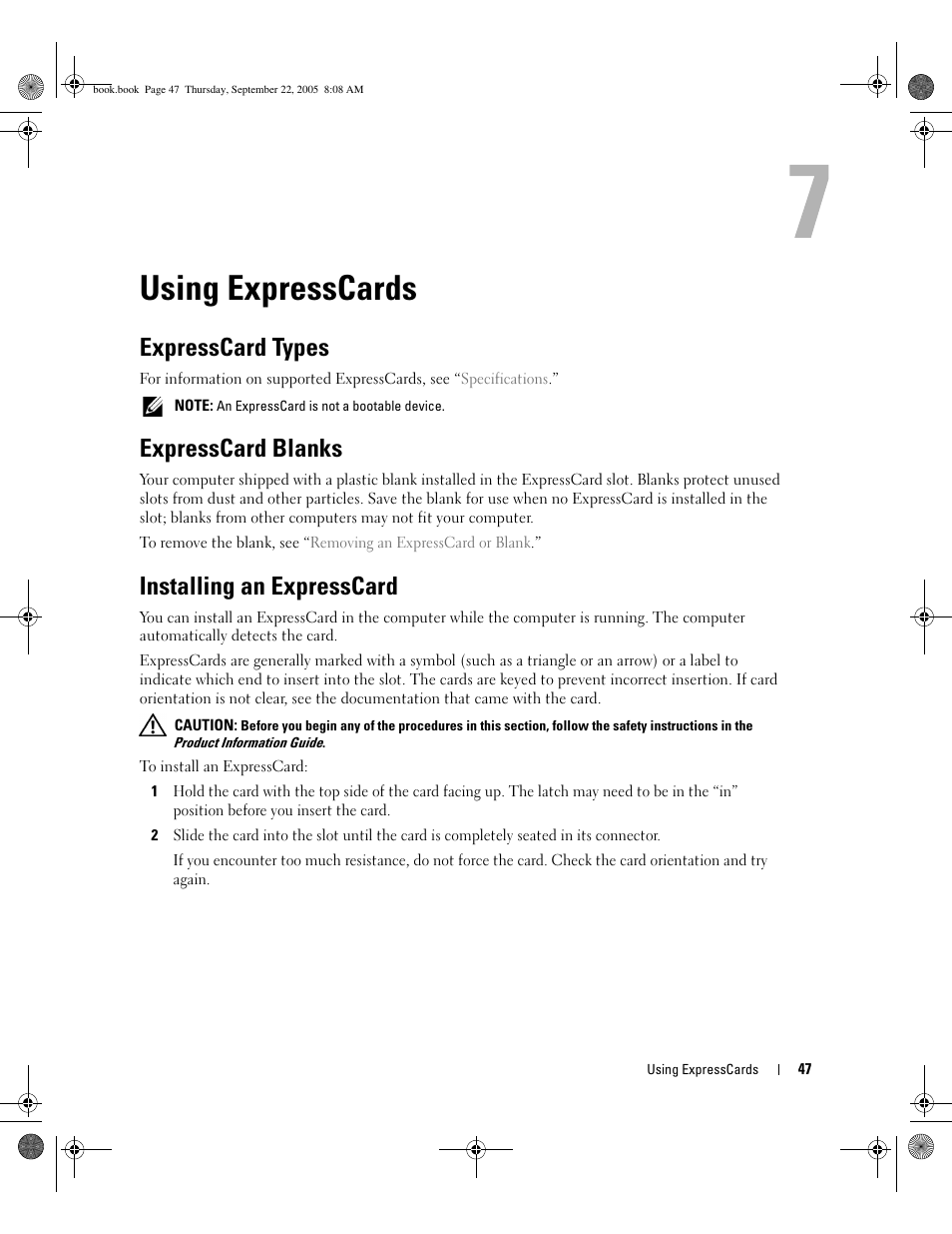 Using expresscards, Expresscard types, Expresscard blanks | Installing an expresscard | Dell Inspiron B130 User Manual | Page 47 / 142