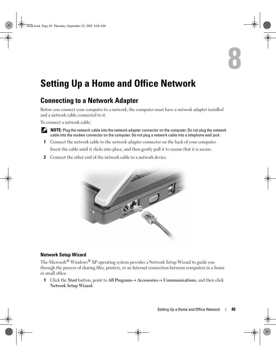 Setting up a home and office network, Connecting to a network adapter, Network setup wizard | Dell Inspiron B130 User Manual | Page 49 / 142