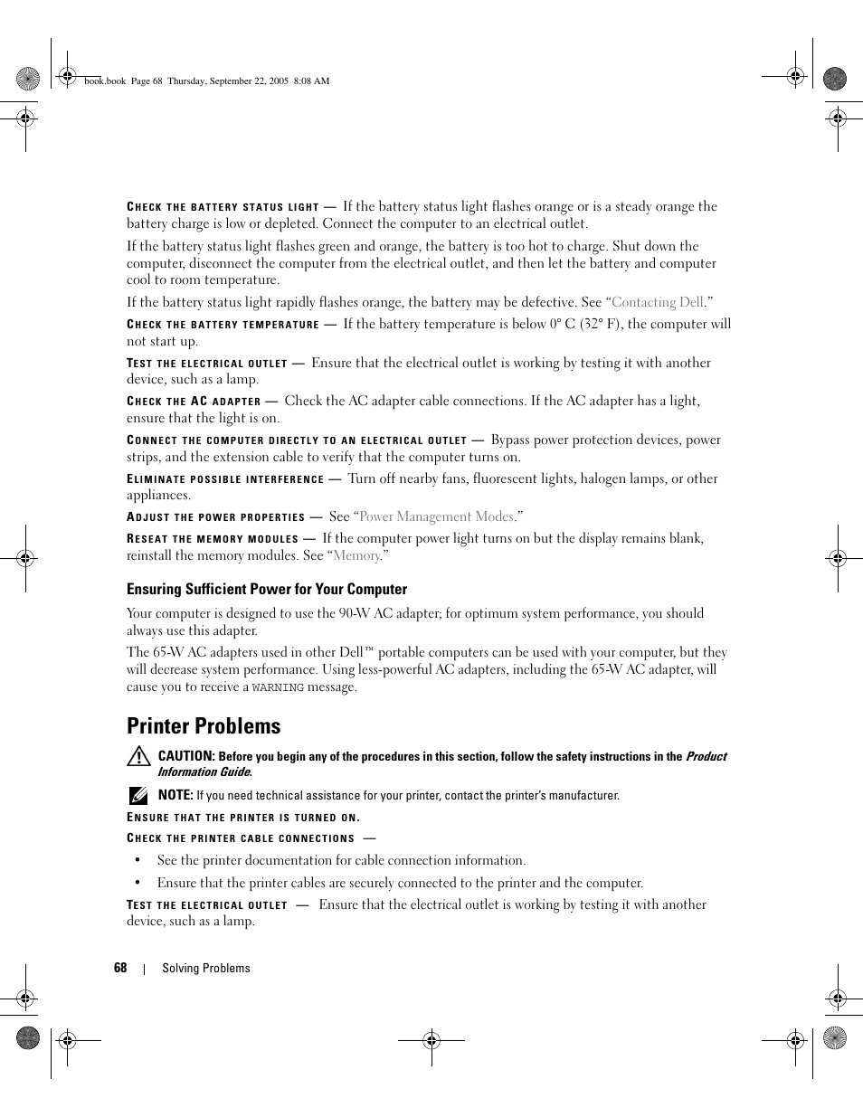 Ensuring sufficient power for your computer, Printer problems | Dell Inspiron B130 User Manual | Page 68 / 142