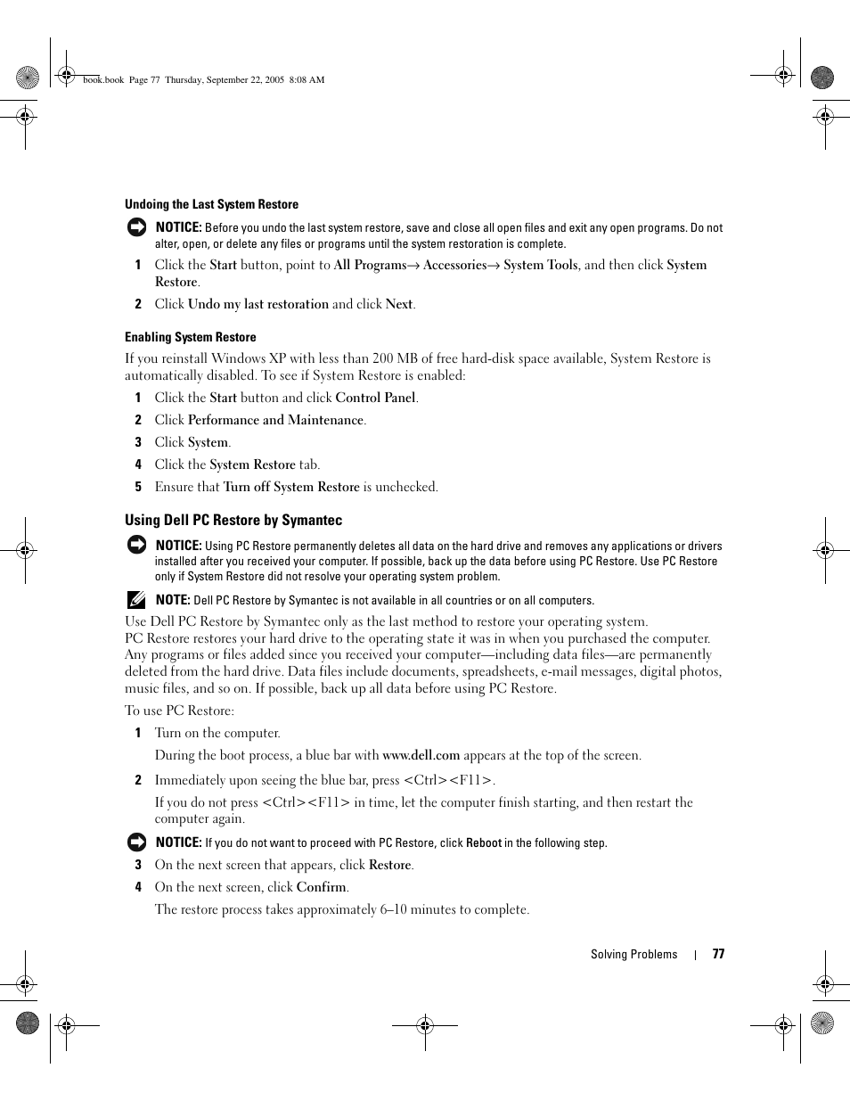 Using dell pc restore by symantec | Dell Inspiron B130 User Manual | Page 77 / 142