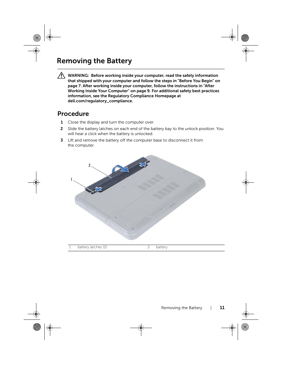 Removing the battery, Procedure | Dell Inspiron 15R (5521, Late 2012) User Manual | Page 11 / 94