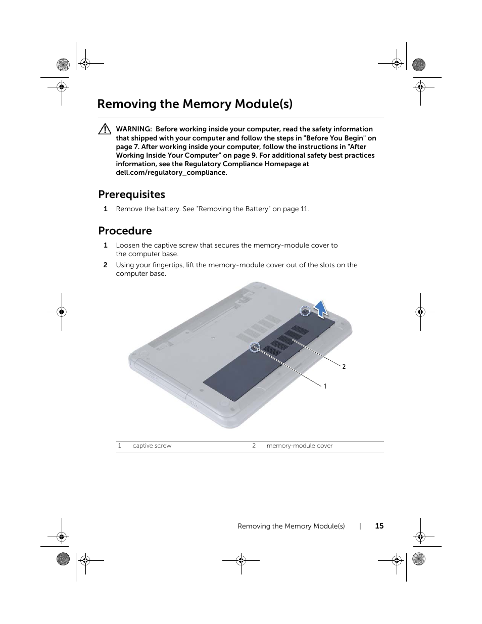 Removing the memory module(s), Prerequisites, Procedure | Dell Inspiron 15R (5521, Late 2012) User Manual | Page 15 / 94