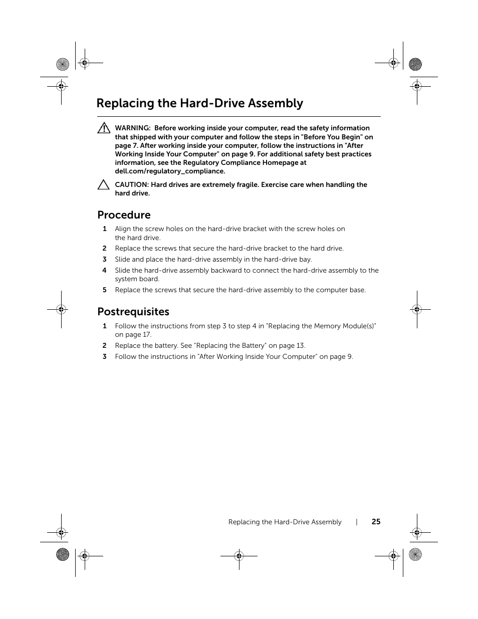 Replacing the hard-drive assembly, Procedure, Postrequisites | Dell Inspiron 15R (5521, Late 2012) User Manual | Page 25 / 94