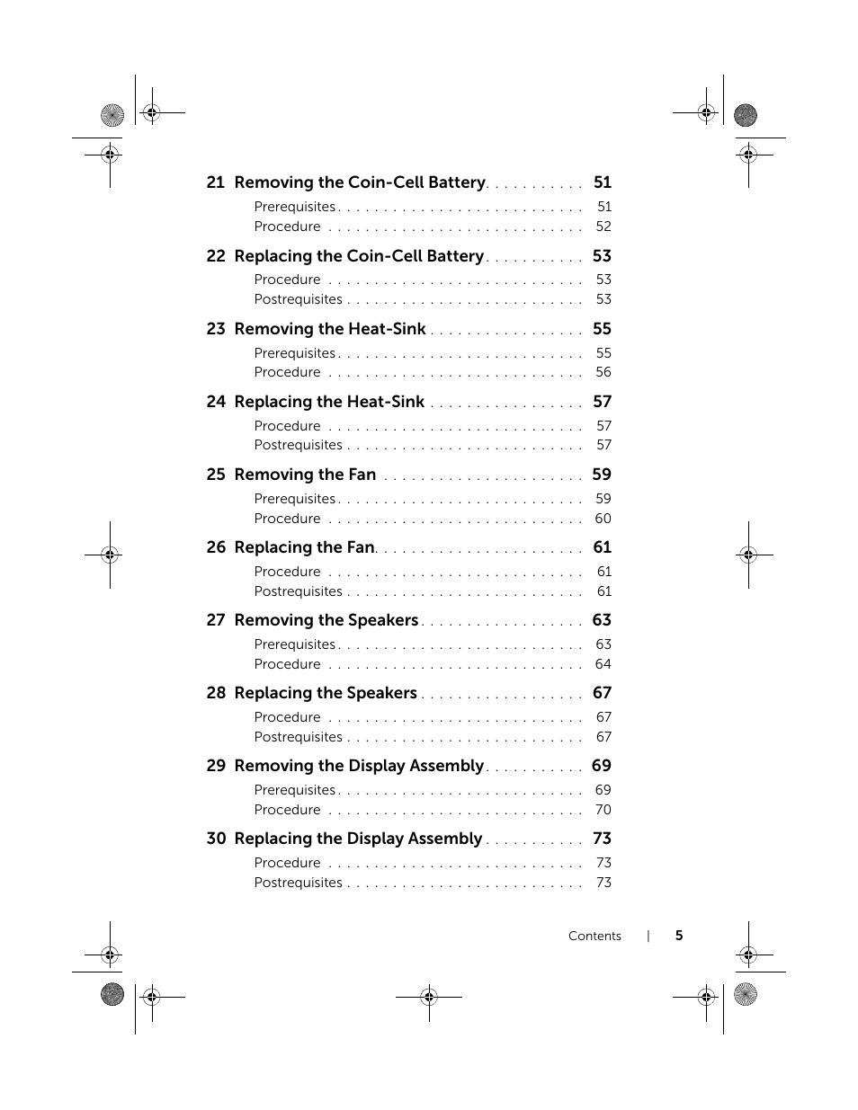 21 removing the coin-cell battery, 22 replacing the coin-cell battery, 23 removing the heat-sink | 24 replacing the heat-sink, 25 removing the fan, 26 replacing the fan, 27 removing the speakers, 28 replacing the speakers, 29 removing the display assembly, 30 replacing the display assembly | Dell Inspiron 15R (5521, Late 2012) User Manual | Page 5 / 94