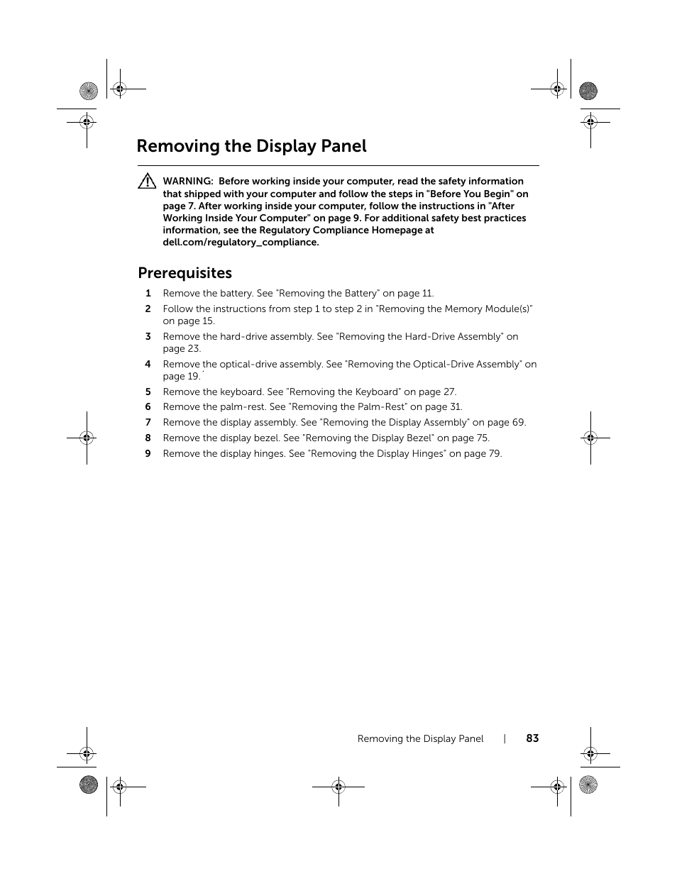 Removing the display panel, Prerequisites | Dell Inspiron 15R (5521, Late 2012) User Manual | Page 83 / 94