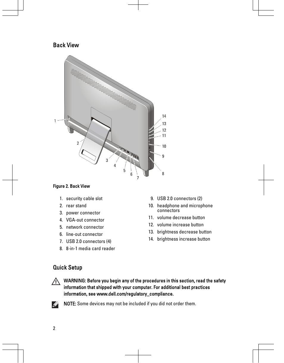 Back view, Quick setup | Dell Vostro 360 (Late 2011) User Manual | Page 2 / 8