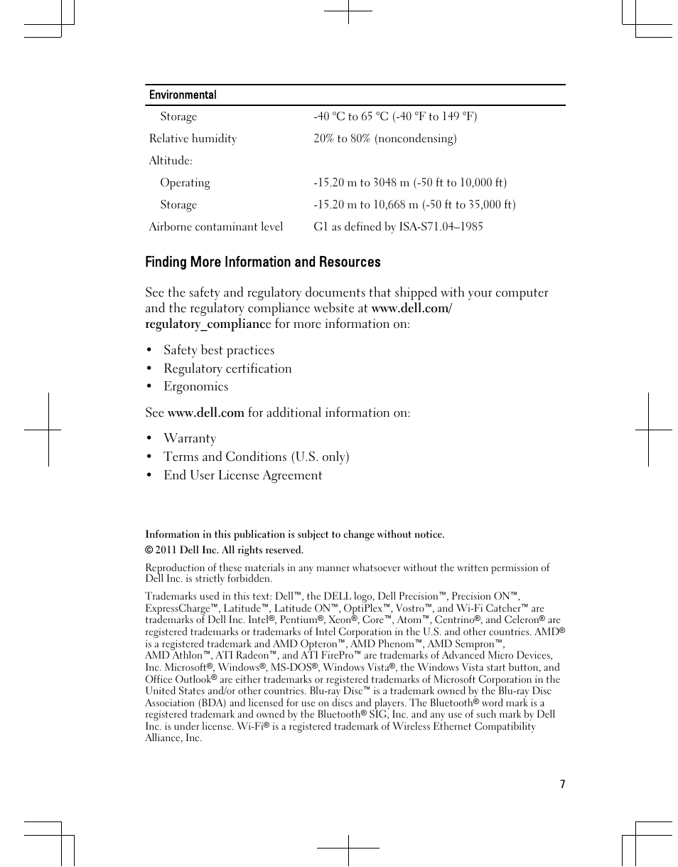 Finding more information and resources | Dell Vostro 360 (Late 2011) User Manual | Page 7 / 8