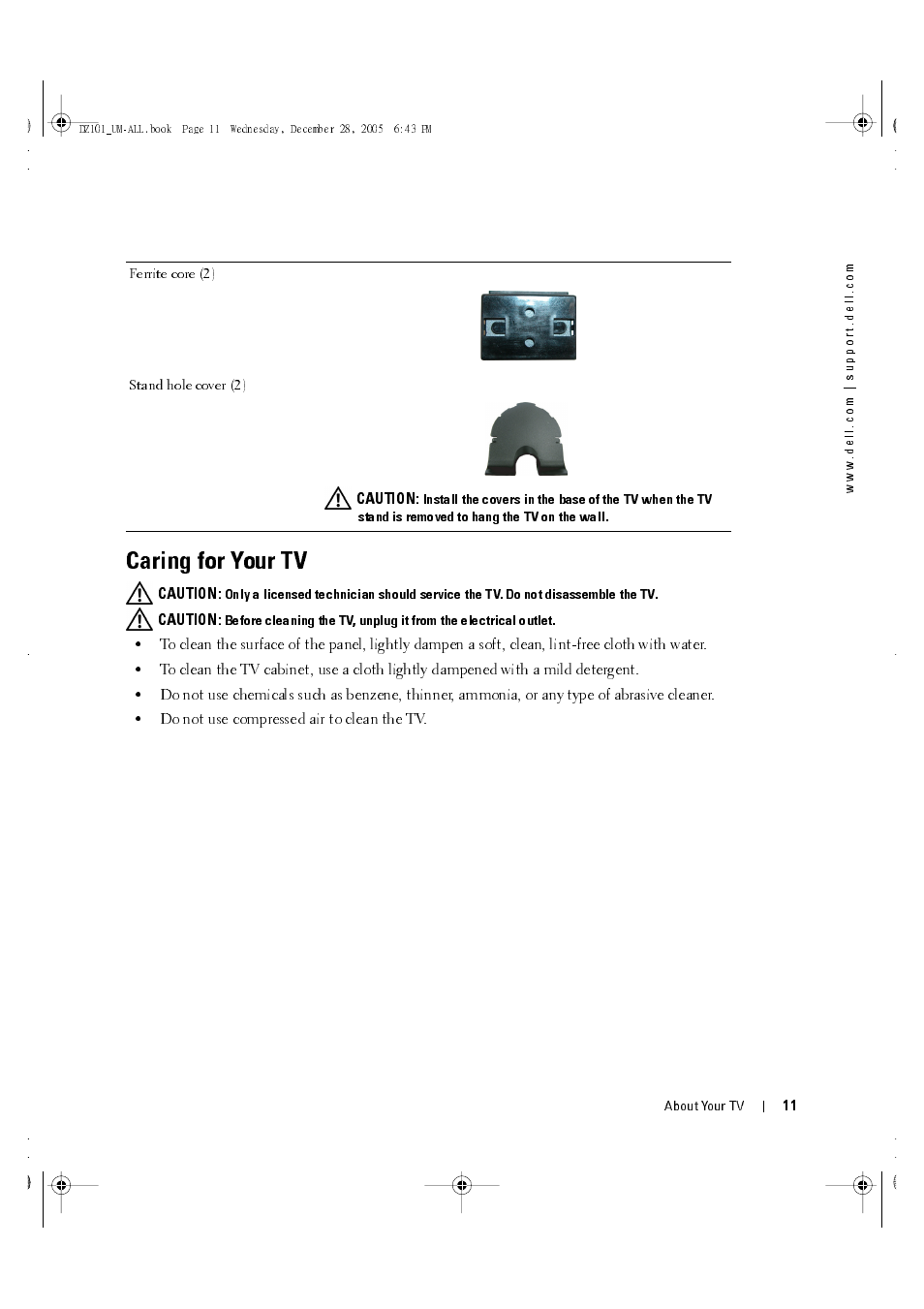 Caring for your tv | Dell LCD TV W4201C User Manual | Page 11 / 67