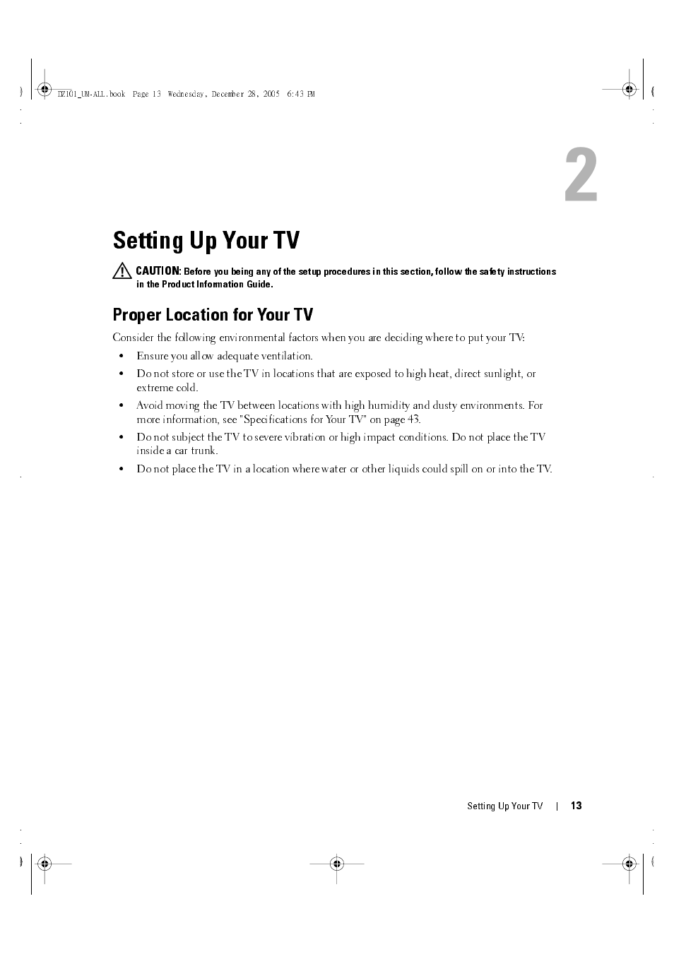 Setting up your tv, Proper location for your tv, 2 setting up your tv | Dell LCD TV W4201C User Manual | Page 13 / 67