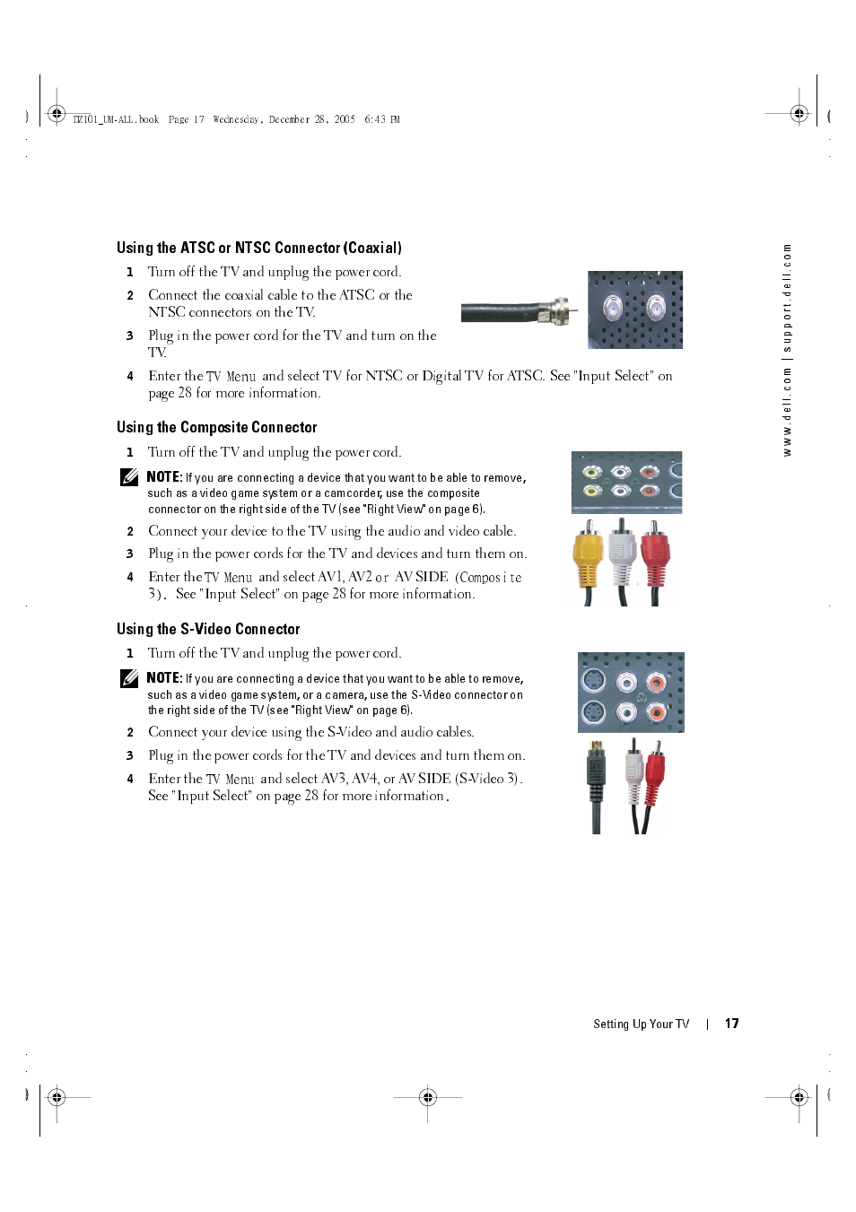 Using the atsc or ntsc connector (coaxial), Using the composite connector, Using the s-video connector | Turn off the tv and unplug the power cord, Enter the, And select av1, av2, Av side | Dell LCD TV W4201C User Manual | Page 17 / 67