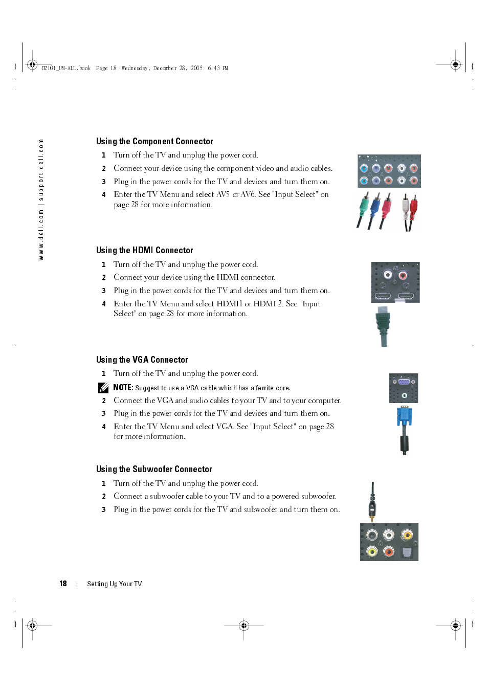 Using the component connector, Using the hdmi connector, Using the vga connector | Using the subwoofer connector, Turn off the tv and unplug the power cord, Connect your device using the hdmi connector | Dell LCD TV W4201C User Manual | Page 18 / 67