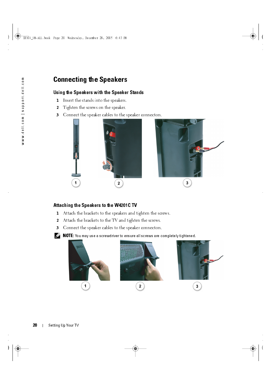 Connecting the speakers, Using the speakers with the speaker stands, Attaching the speakers to the w4201c tv | Dell LCD TV W4201C User Manual | Page 20 / 67