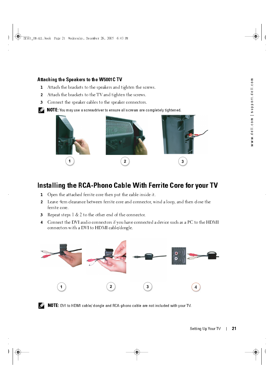 Attaching the speakers to the w5001c tv | Dell LCD TV W4201C User Manual | Page 21 / 67