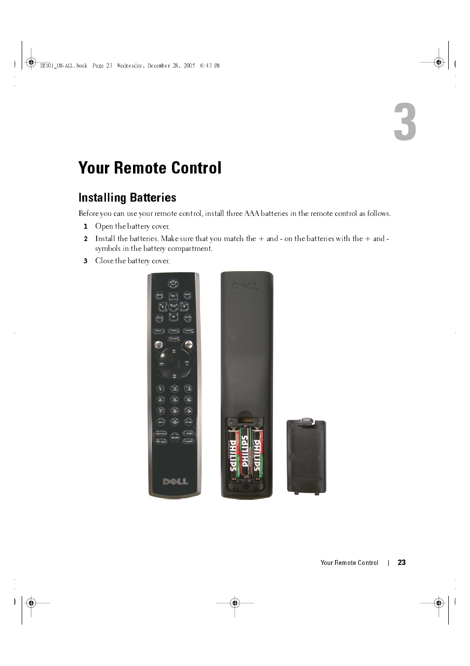 Your remote control, Installing batteries, 3 your remote control | Dell LCD TV W4201C User Manual | Page 23 / 67