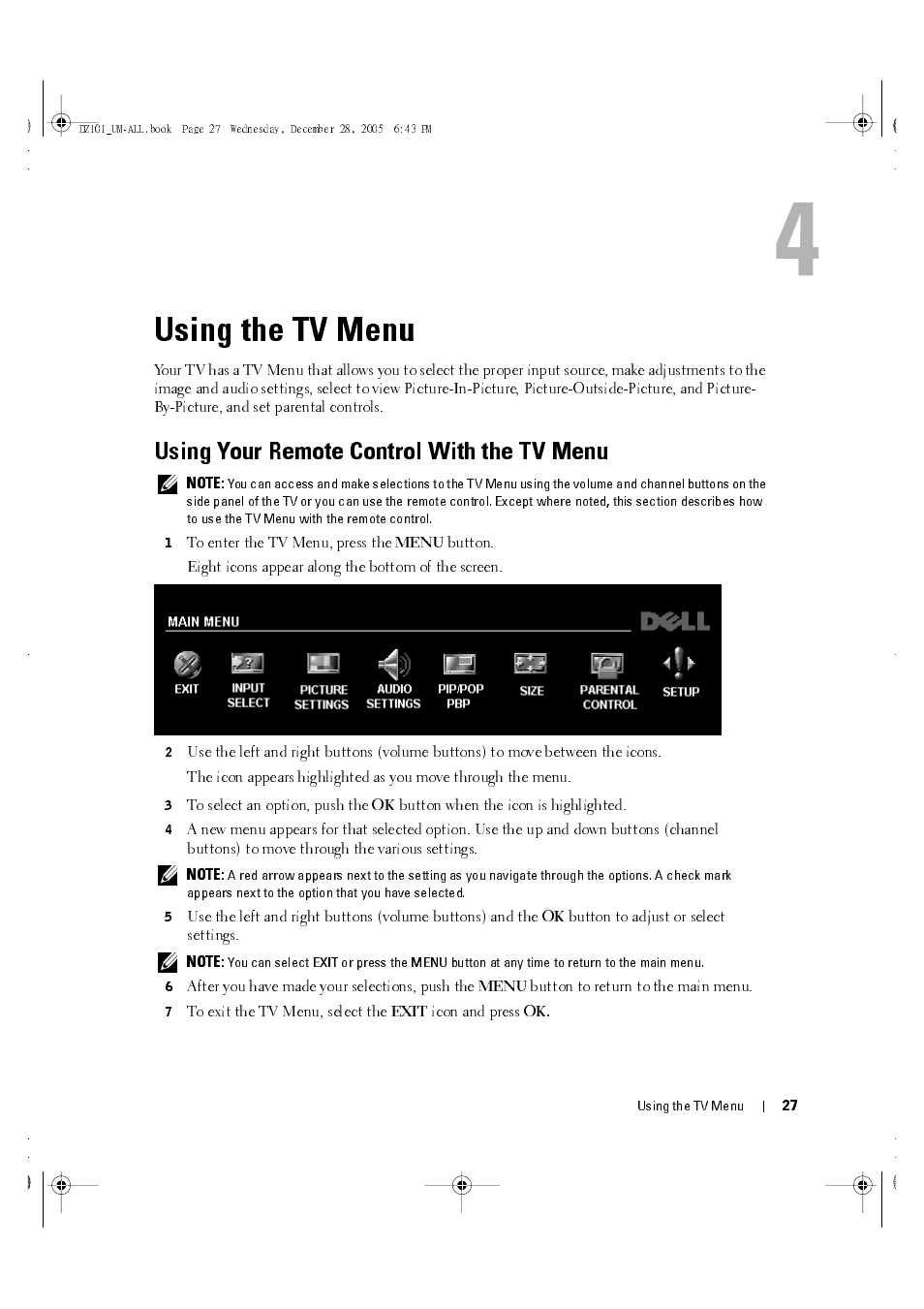 Using the tv menu, Using your remote control with the tv menu, 4 using the tv menu | Dell LCD TV W4201C User Manual | Page 27 / 67