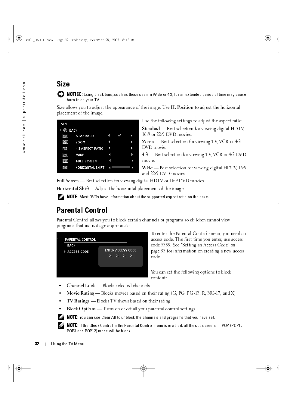 Size, Parental control | Dell LCD TV W4201C User Manual | Page 32 / 67