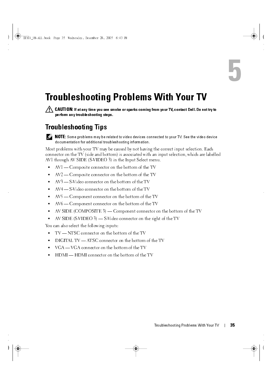 Troubleshooting problems with your tv, Troubleshooting tips, 5 troubleshooting problems with your tv | Dell LCD TV W4201C User Manual | Page 35 / 67