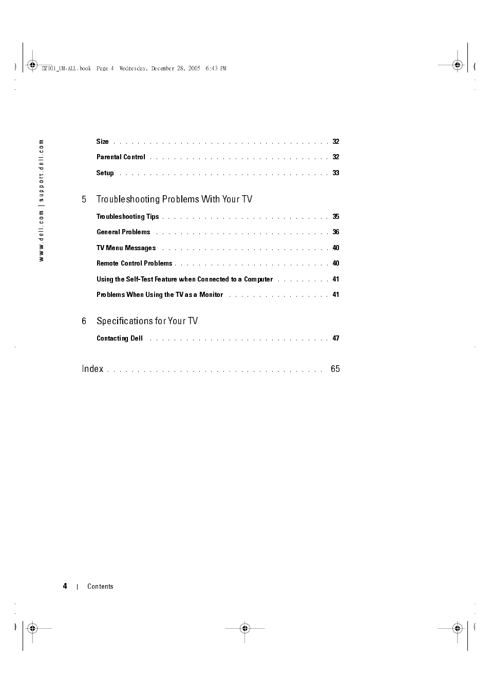 5 troubleshooting problems with your tv, 6 specifications for your tv, Index | Dell LCD TV W4201C User Manual | Page 4 / 67
