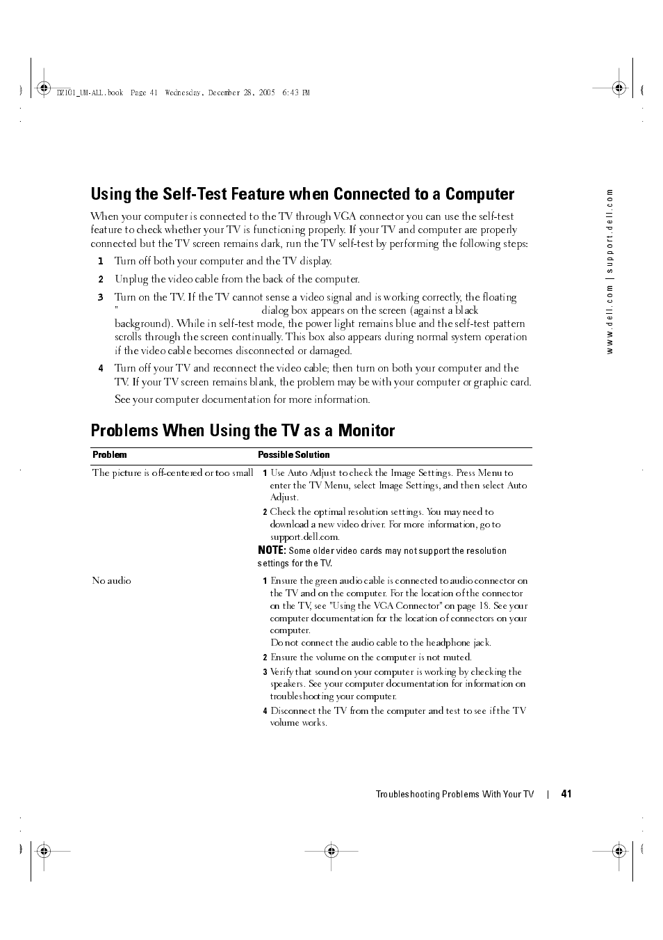 Problems when using the tv as a monitor, Turn off both your computer and the tv display | Dell LCD TV W4201C User Manual | Page 41 / 67