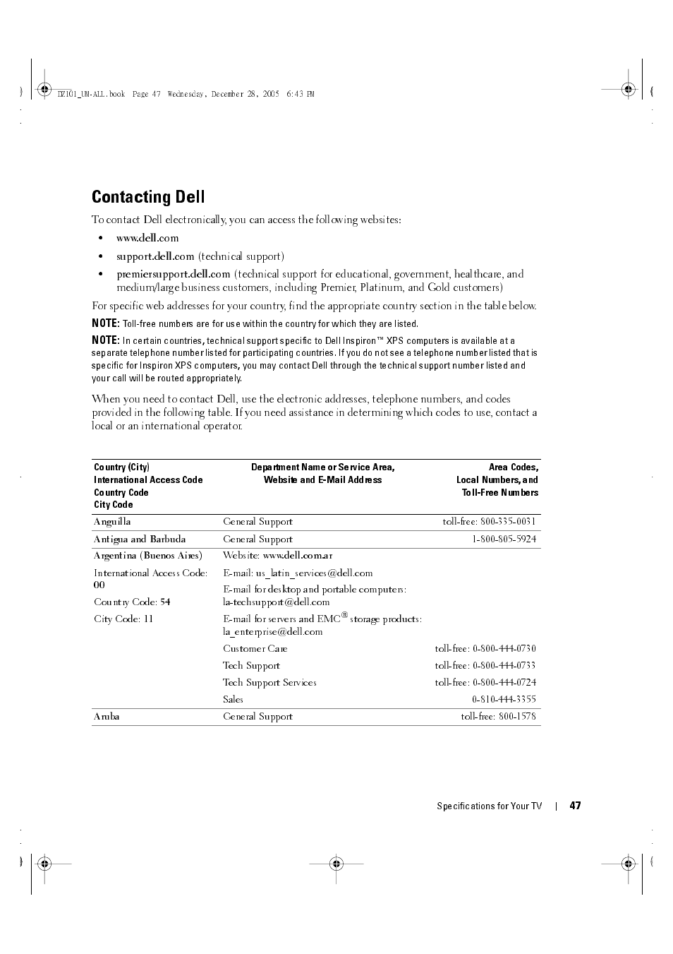 Contacting dell, Technical support) | Dell LCD TV W4201C User Manual | Page 47 / 67