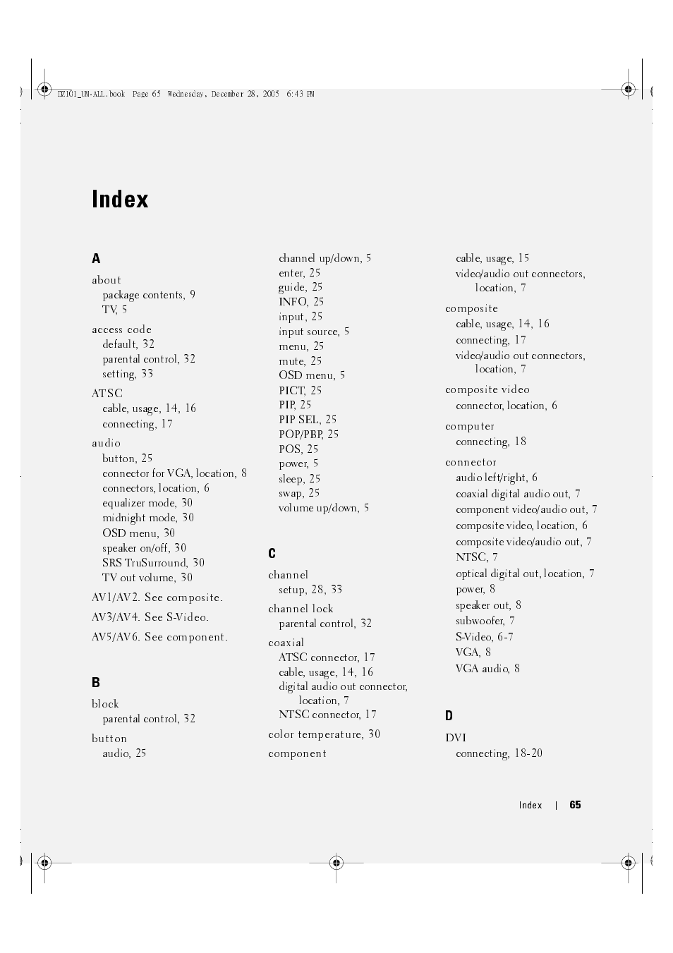 Index | Dell LCD TV W4201C User Manual | Page 65 / 67