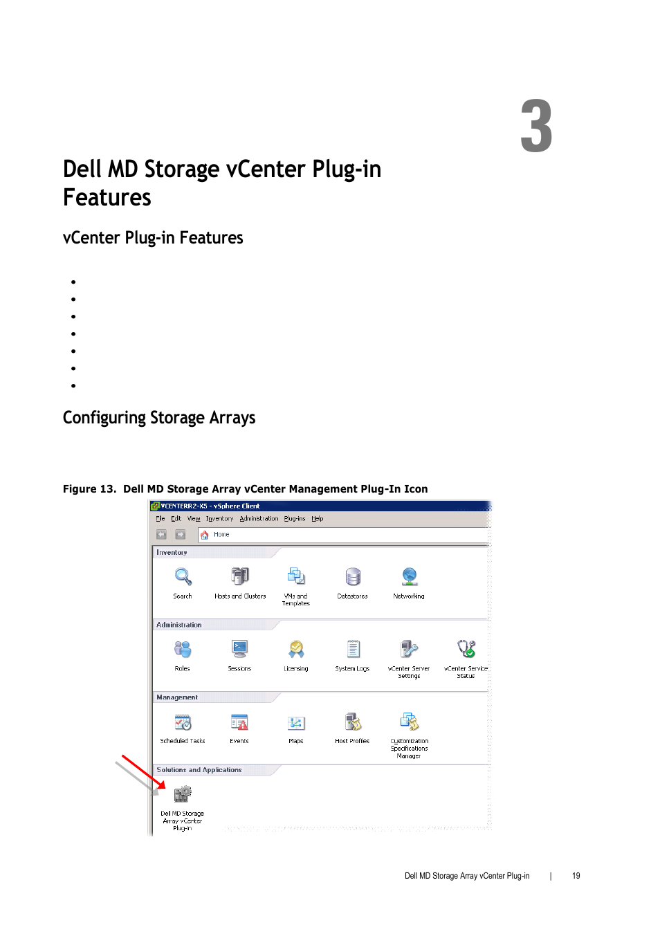 Dell md storage vcenter plug-in features, Vcenter plug-in features, Configuring storage arrays | Dell PowerVault MD3000i User Manual | Page 19 / 52