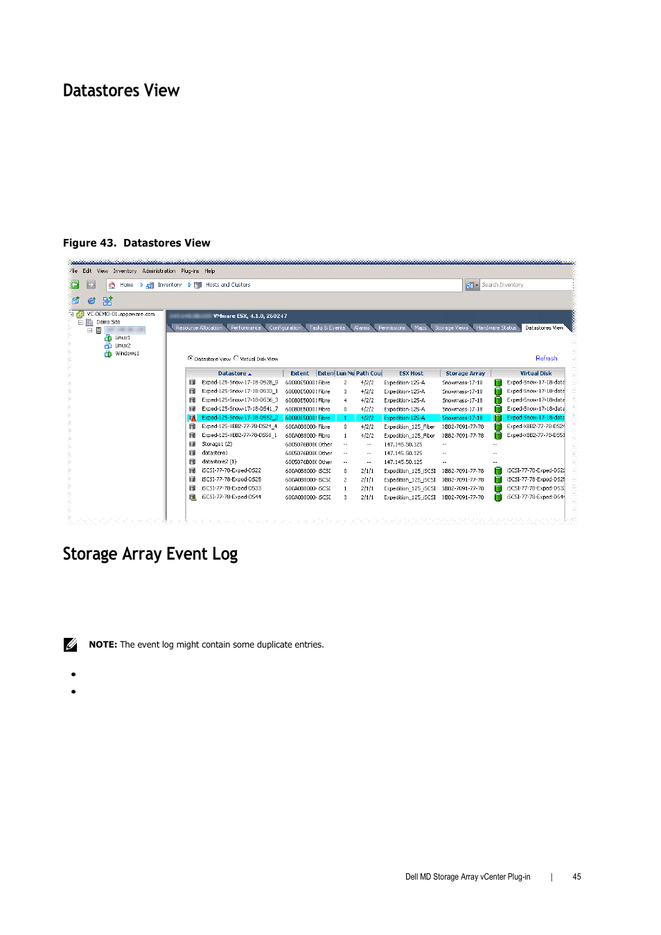 Figure 43. datastores view, Storage array event log, Datastores view | Dell PowerVault MD3000i User Manual | Page 45 / 52
