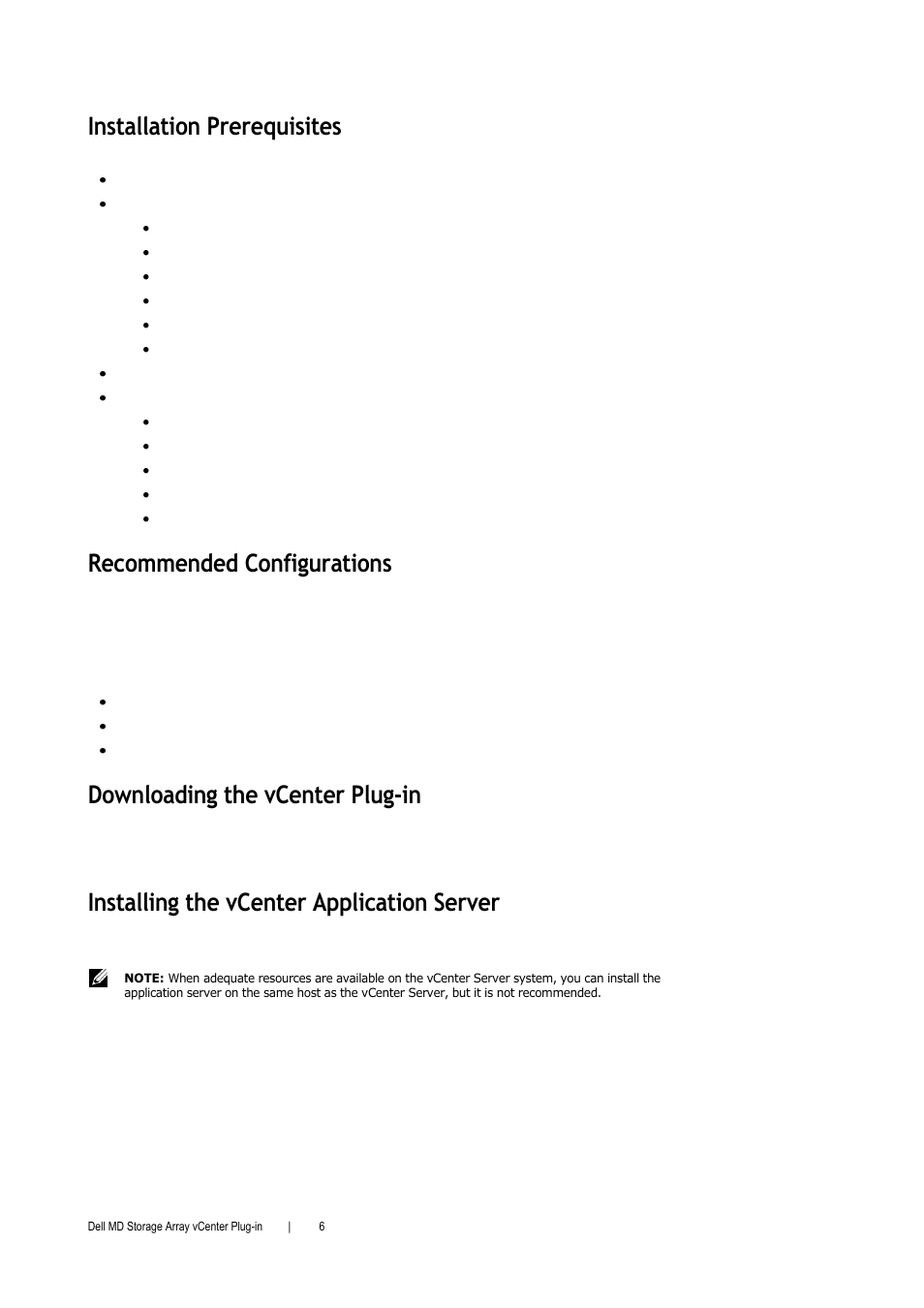 Installation prerequisites, Recommended configurations, Downloading the vcenter plug-in | Installing the vcenter application server | Dell PowerVault MD3000i User Manual | Page 6 / 52