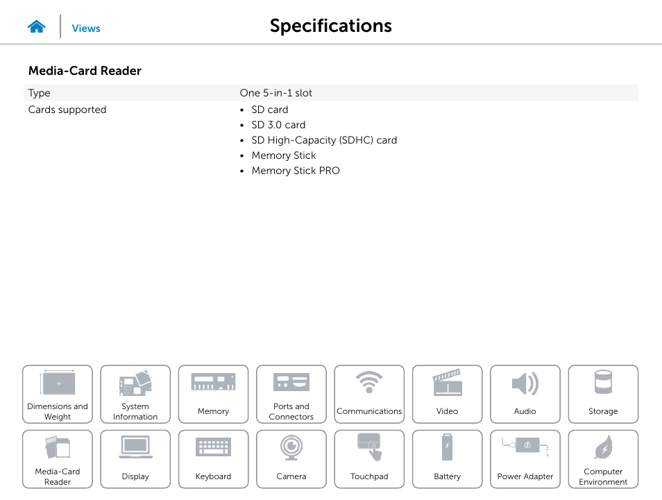 Media‑card, Reader, Specifications | Media‑card reader | Dell Inspiron 15 (5547, Early 2014) User Manual | Page 15 / 22