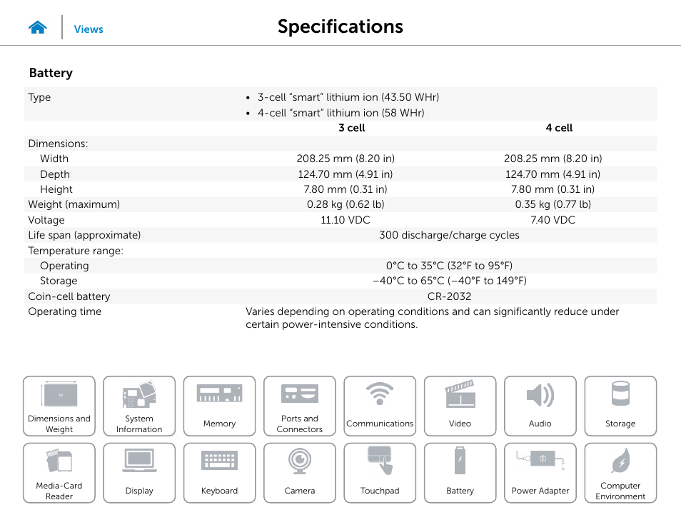 Battery, Specifications | Dell Inspiron 15 (5547, Early 2014) User Manual | Page 20 / 22