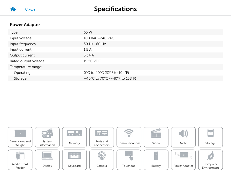 Power adapter, Specifications | Dell Inspiron 15 (5547, Early 2014) User Manual | Page 21 / 22