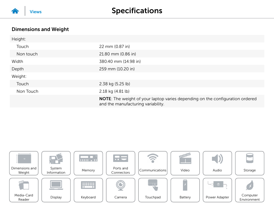 Specifications, Dimensions and weight | Dell Inspiron 15 (5547, Early 2014) User Manual | Page 7 / 22