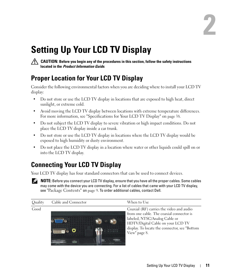 Setting up your lcd tv display, Proper location for your lcd tv display, Connecting your lcd tv display | 2 setting up your lcd tv display | Dell W2607C LCD HD TV User Manual | Page 11 / 59