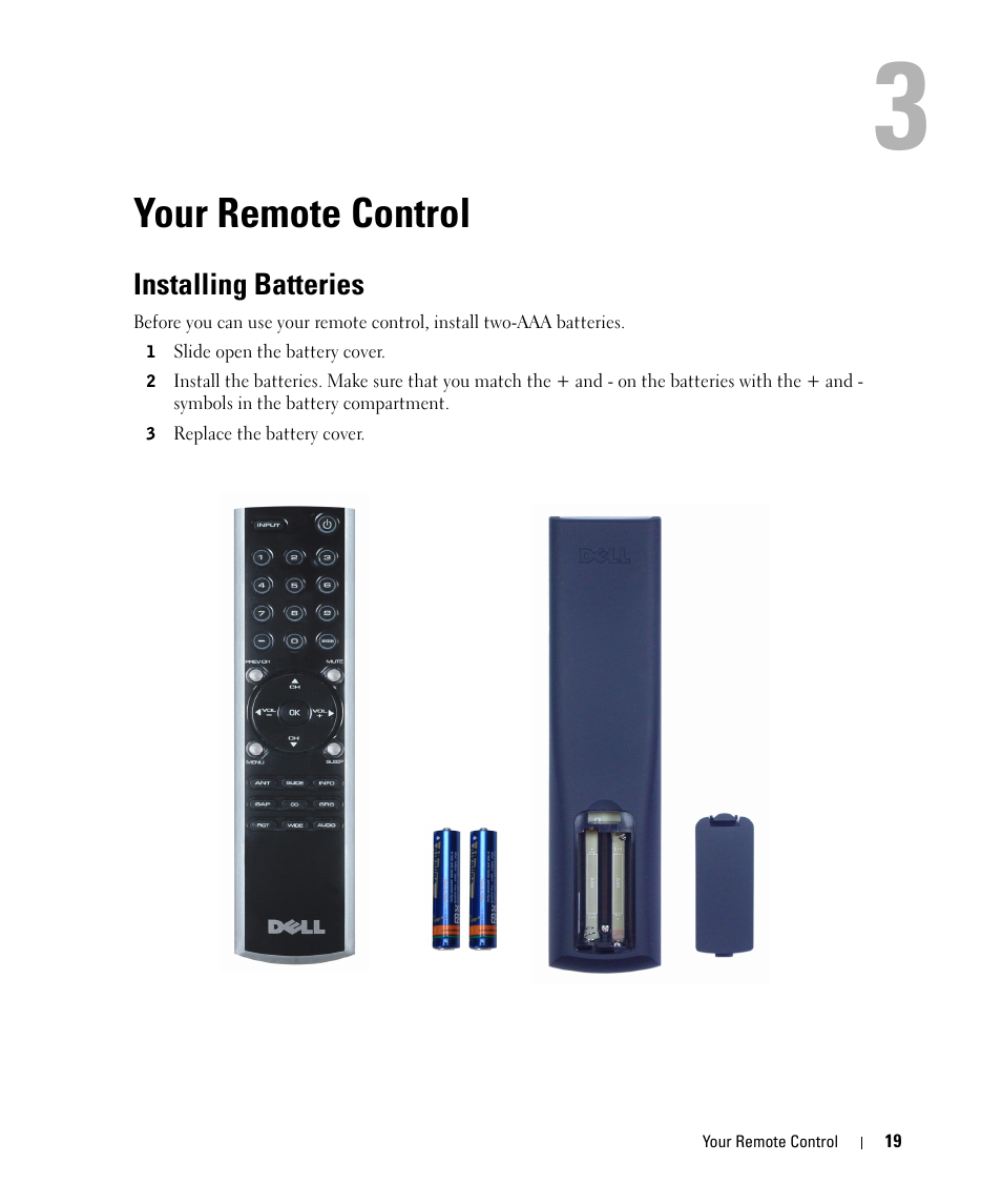 Your remote control, Installing batteries, 3 your remote control | Dell W2607C LCD HD TV User Manual | Page 19 / 59