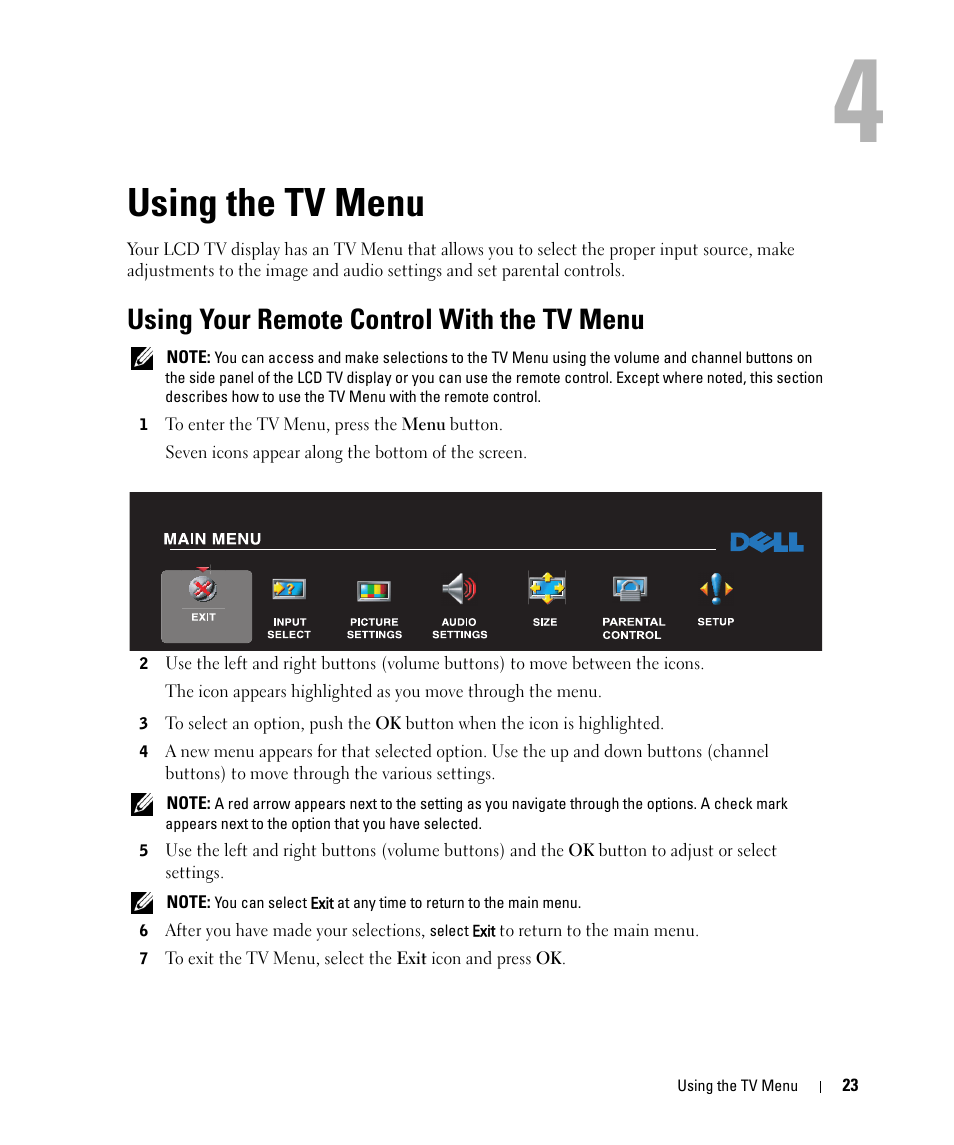 Using the tv menu, Using your remote control with the tv menu, 4 using the tv menu | Dell W2607C LCD HD TV User Manual | Page 23 / 59