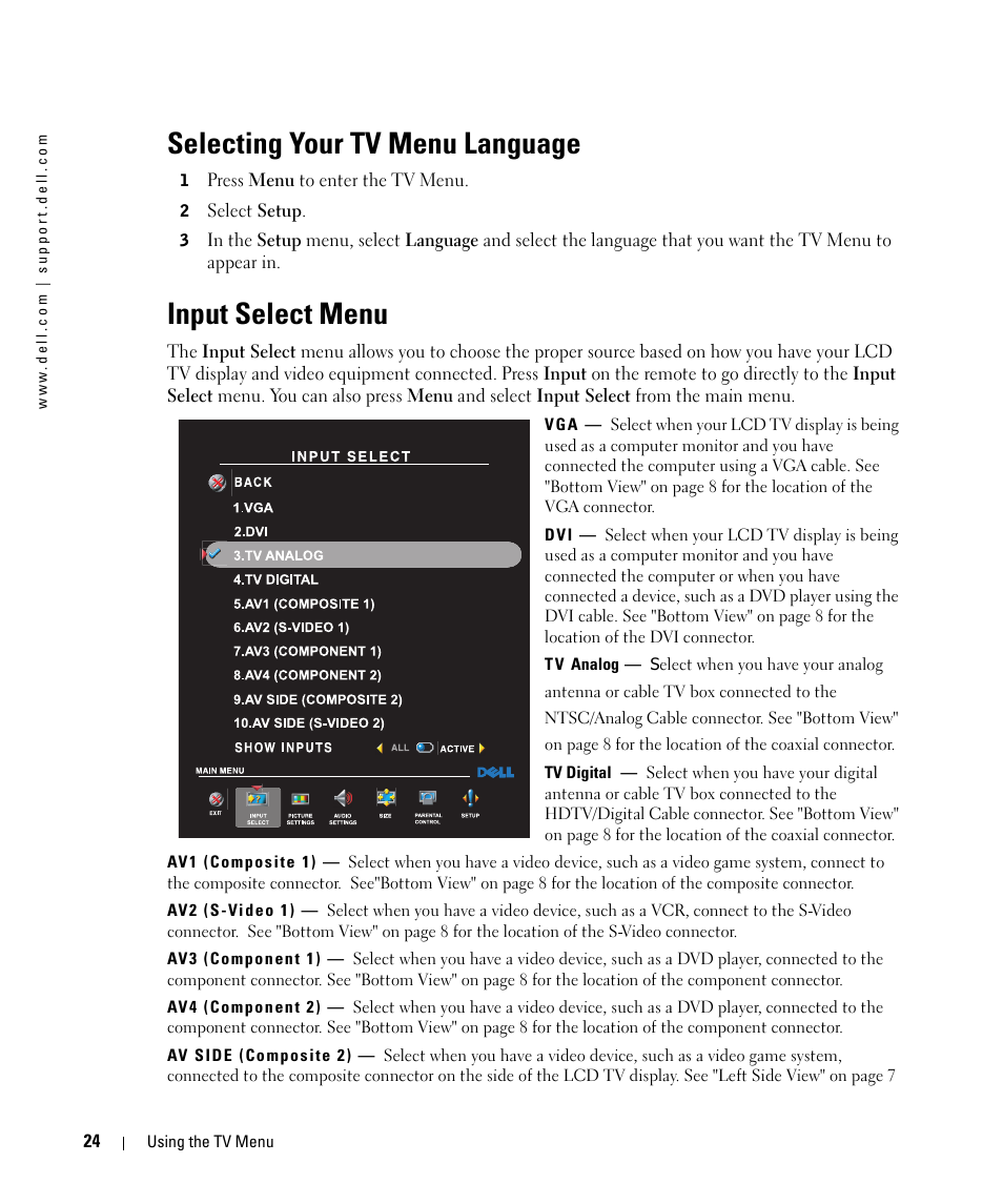 Selecting your tv menu language, Input select menu | Dell W2607C LCD HD TV User Manual | Page 24 / 59