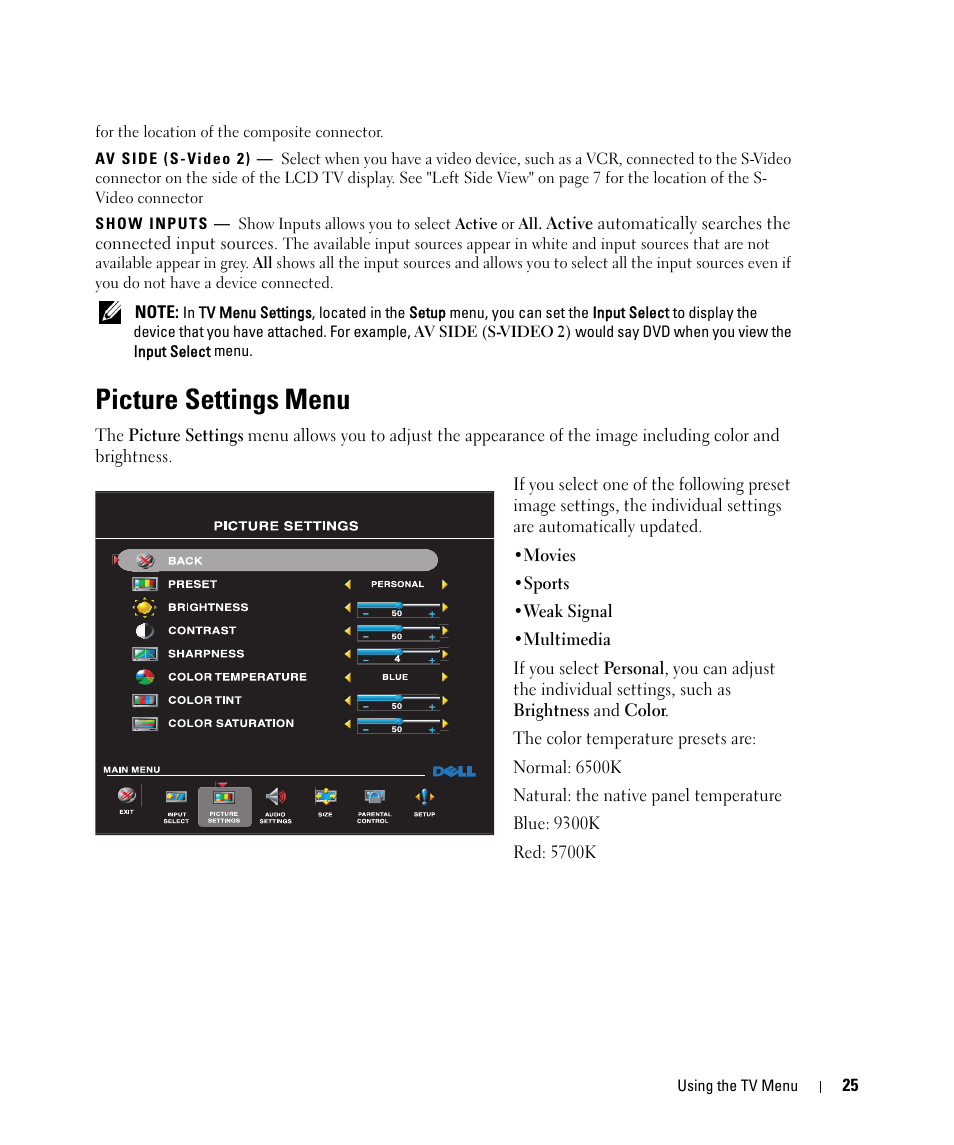 Picture settings menu, Picture settings, Menu | Dell W2607C LCD HD TV User Manual | Page 25 / 59