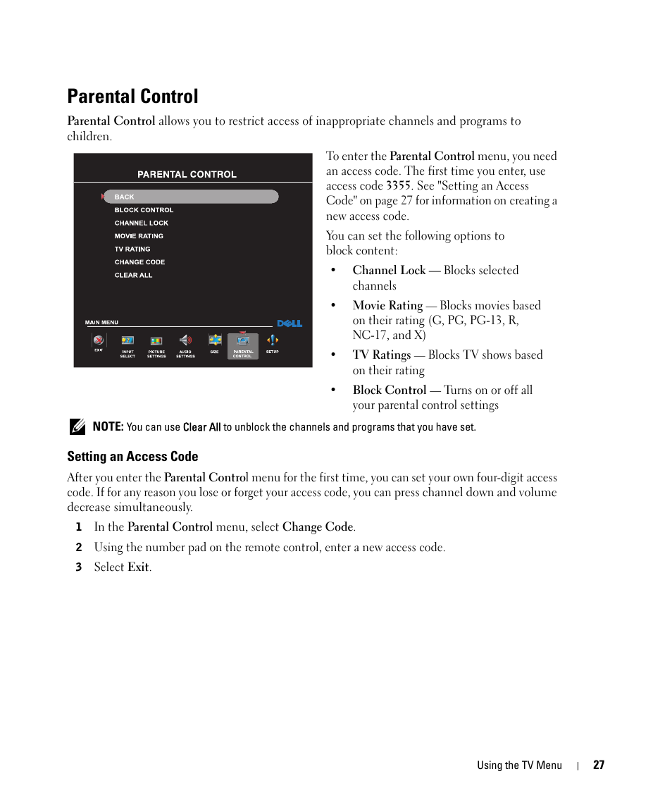 Parental control | Dell W2607C LCD HD TV User Manual | Page 27 / 59